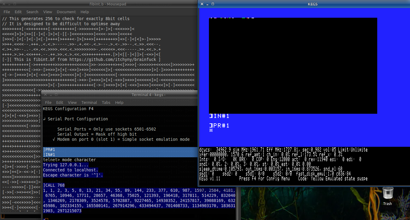 screenshot of the KEGS Apple II emulator running a fibint test