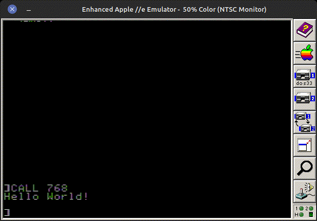 screenshot of the AppleWin Apple II emulator running the Hello World program